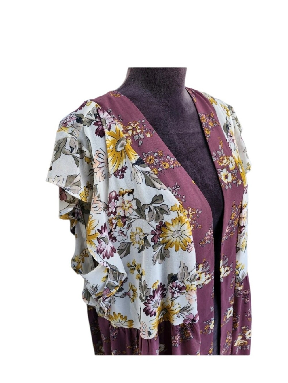 Cato’s Women’s Pink Yellow Floral Open Front Cardigan Duster Ruffle Sz XL - Picture 3 of 6